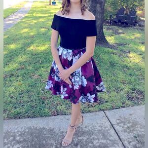 Betsy & Adam Formal Dress Off the Shoulder Fit and Flare Black Burgundy 2